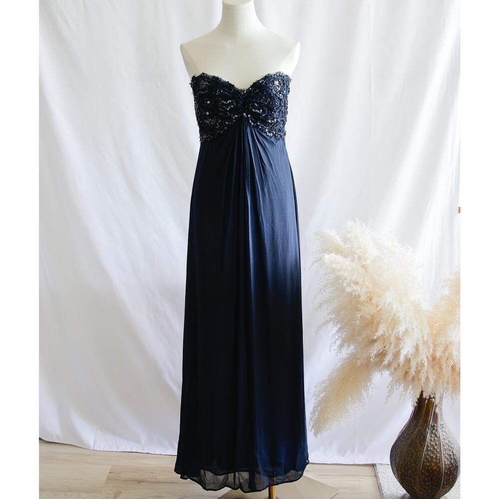 Tadashi Shoji Navy Strapless Beaded Maxi Dress